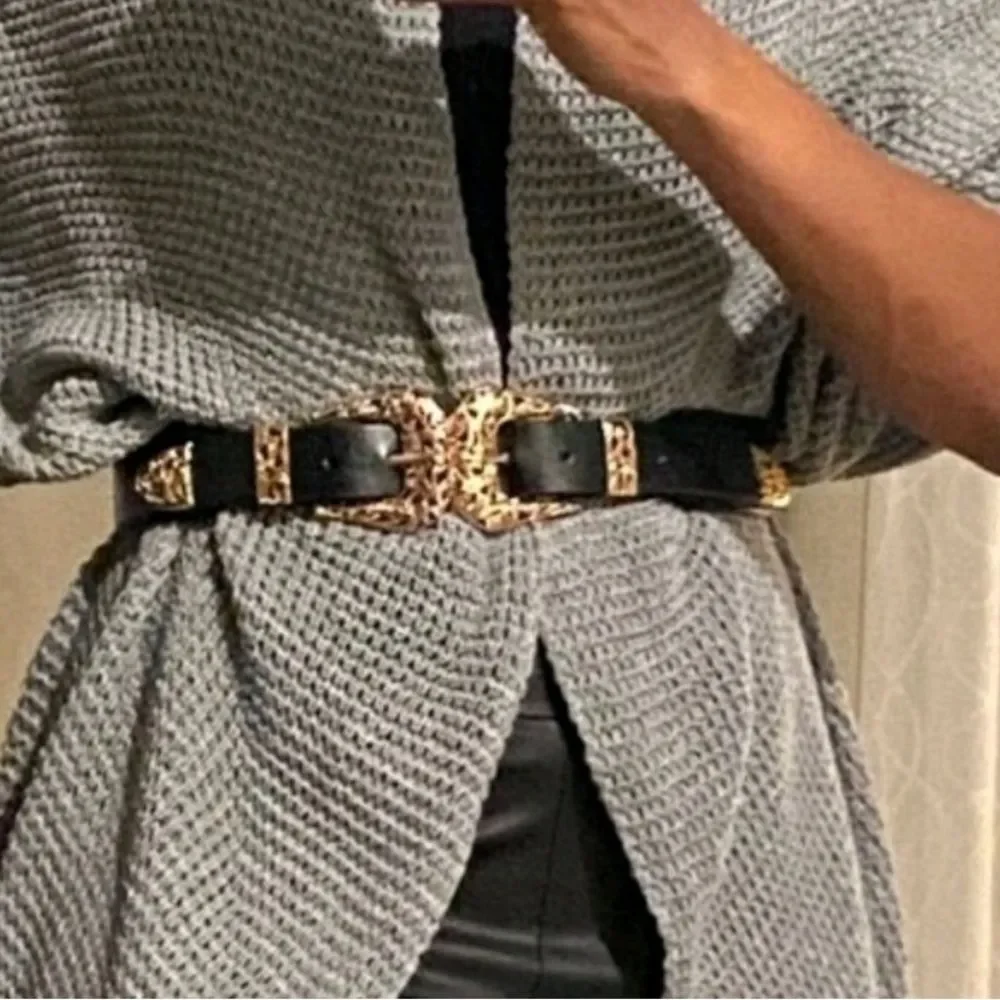 Oversized Silver Double Buckle Black Waist Corset Belt NWT